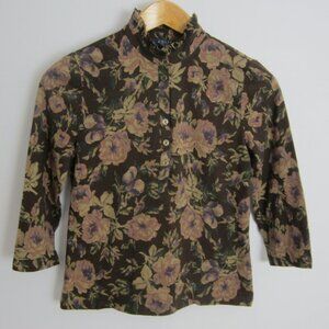 Chaps Womens PS Petite S Brown Floral 3/4 Sleeve Cotton Knit Henley Ruffle Top